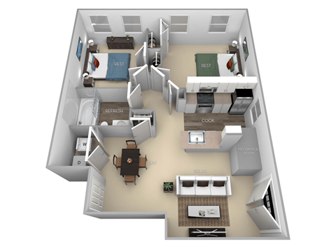 Floor plan for 2 beds, 1 bath, 762 sqft