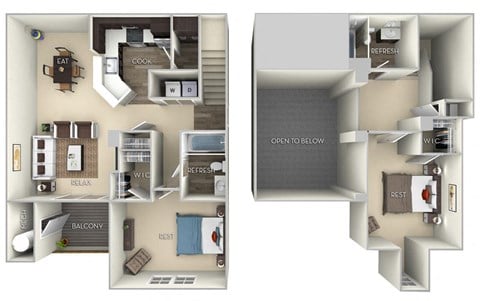 Floor plan for 2 beds, 2 baths, 1127 sqft