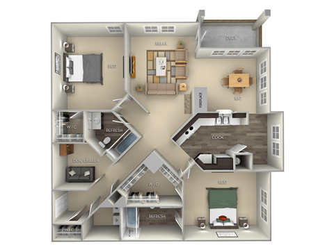Floor plan for 2 beds, 2 baths, 1289 sqft
