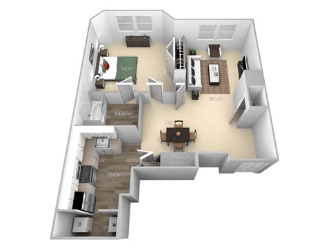 Floor plan for 1 bed, 1 bath, 756 sqft