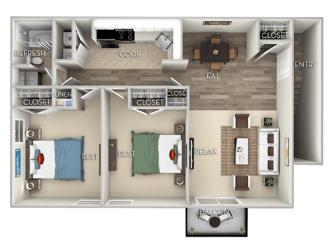 Floor plan for 2 beds, 1 bath, 1000 sqft