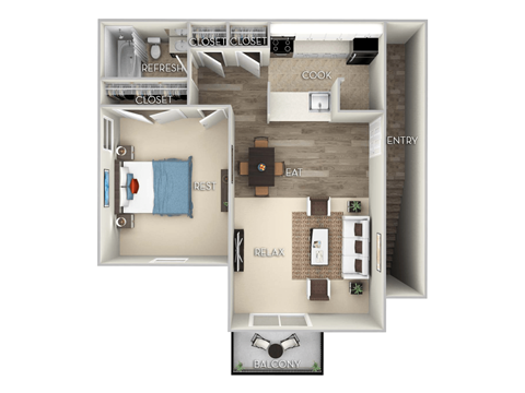 Floor plan for 1 bed, 1 bath, 700 sqft