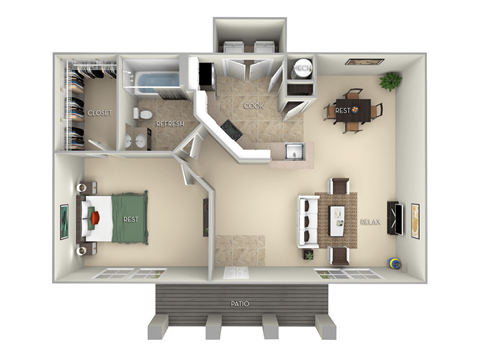 Floor plan for 1 bed, 1 bath, 780 sqft