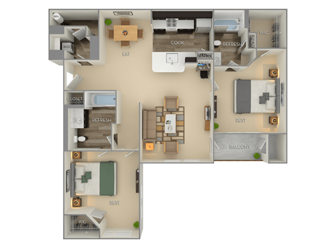 Floor plan for 2 beds, 2 baths, 1050 sqft