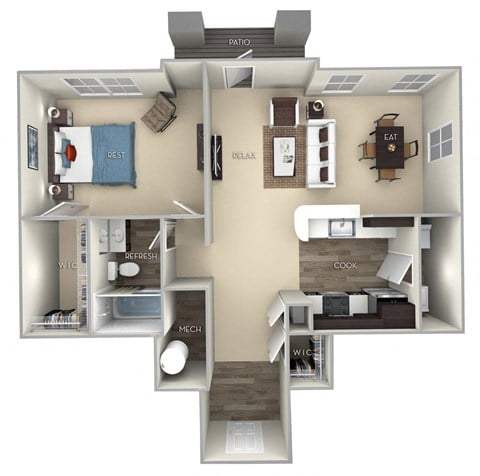 Floor plan for 1 bed, 1 bath, 806 sqft