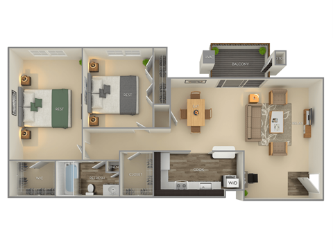 Floor plan for 2 beds, 1 bath, 1000 sqft