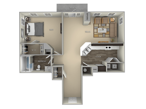 Floor plan for 1 bed, 1 bath, 832 sqft