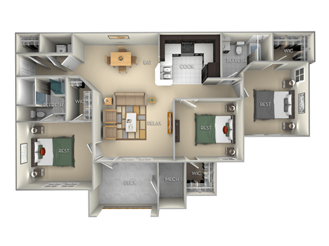Floor plan for 3 beds, 2 baths, 1395 sqft