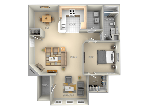 Floor plan for 1 bed, 1 bath, 914 sqft