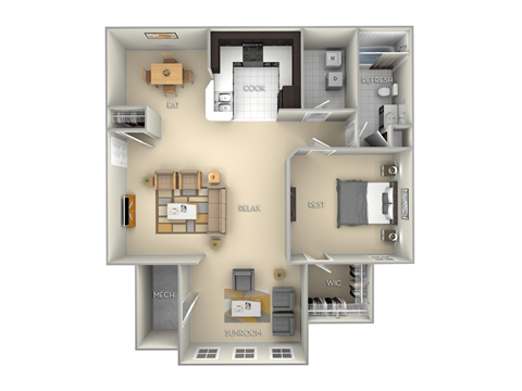 Floor plan for 1 bed, 1 bath, 924 sqft