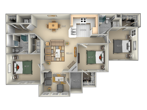 Floor plan for 3 beds, 2 baths, 1480 sqft