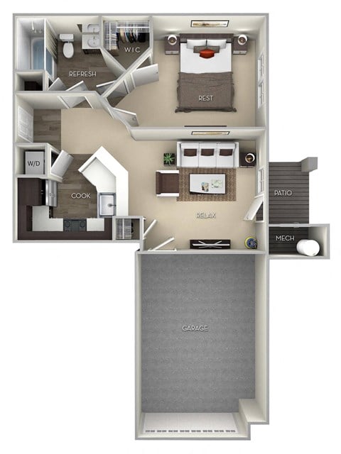 Floor plan for 1 bed, 1 bath, 874 sqft