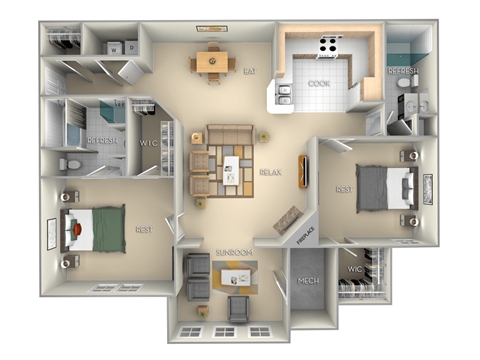 Floor plan for 2 beds, 2 baths, 1241 sqft