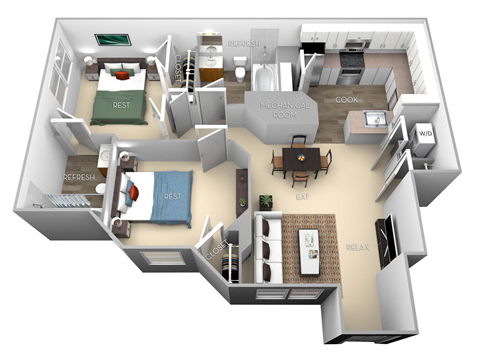 Floor plan for 2 beds, 2 baths, 828 sqft