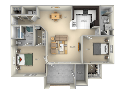 Floor plan for 2 beds, 2 baths, 1126 sqft