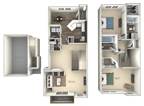 Floor plan for 2 beds, 2.5 baths, 1538 sqft