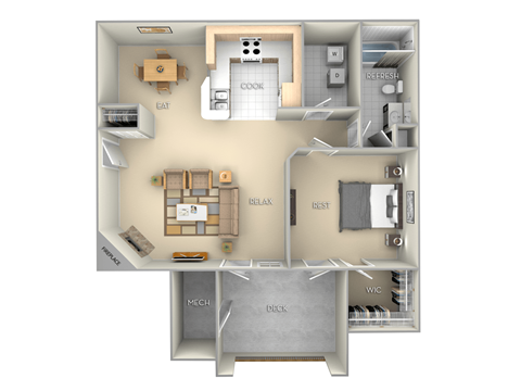 Floor plan for 1 bed, 1 bath, 786 sqft