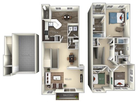 Floor plan for 3 beds, 2.5 baths, 1538 sqft