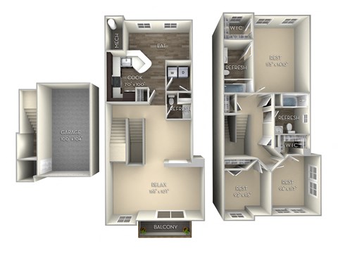 Floor plan for 3 beds, 2.5 baths, 1538 sqft