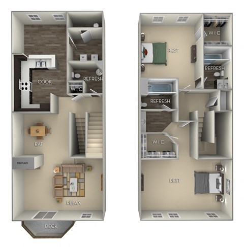 Floor plan for 2 beds, 2.5 baths, 1290 sqft