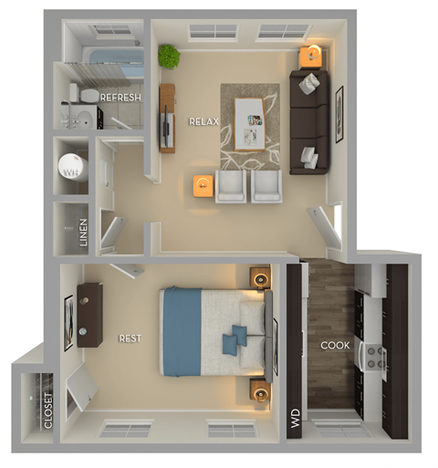 Floor plan for 1 bed, 1 bath, 536 sqft