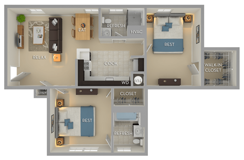 Floor plan for 2 beds, 1 bath, 786 sqft