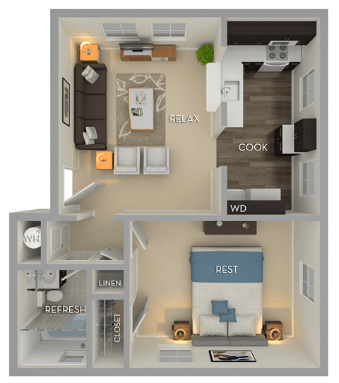 Floor plan for 1 bed, 1 bath, 549 sqft