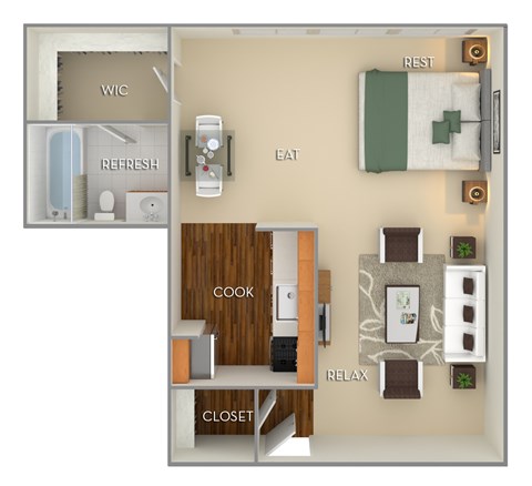 Floor plan for studio, 1 bath, 650 sqft