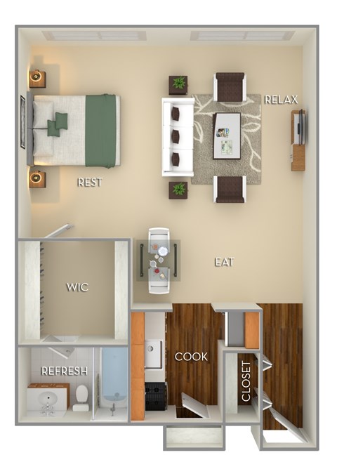 Floor plan for studio, 1 bath, 650 sqft