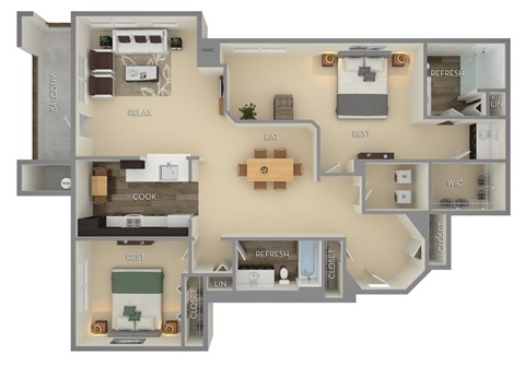 Floor plan for 2 beds, 2 baths, 1398 sqft