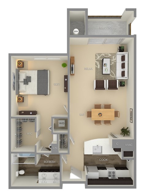 Floor plan for 1 bed, 1 bath, 828 sqft