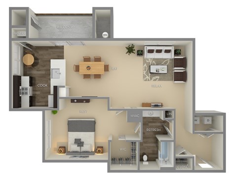 Floor plan for 1 bed, 1 bath, 900 sqft