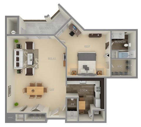 Floor plan for 1 bed, 1.5 baths, 870 sqft