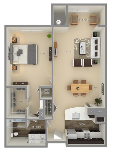 Floor plan for 1 bed, 1 bath, 940 sqft