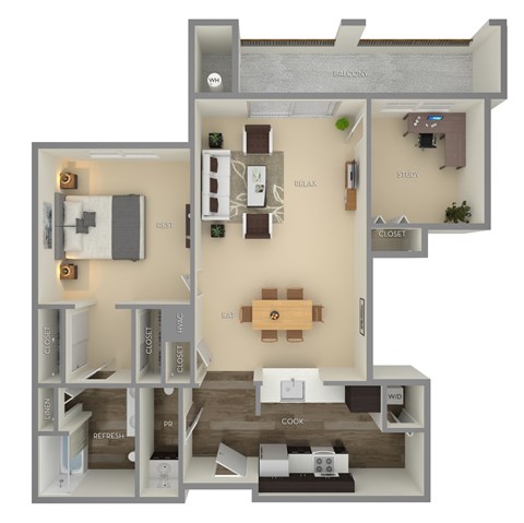 Floor plan for 1 bed, 1.5 baths, 975 sqft