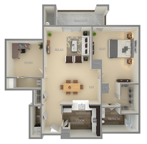 Floor plan for 1 bed, 1.5 baths, 1097 sqft