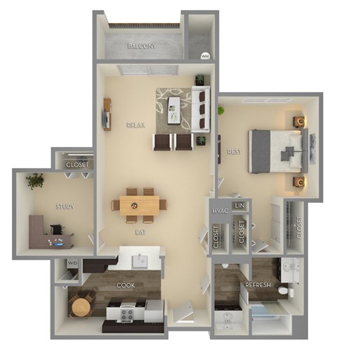 Floor plan for 1 bed, 1.5 baths, 933 sqft