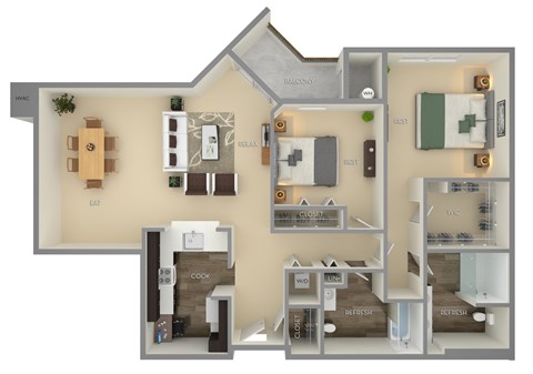 Floor plan for 2 beds, 2 baths, 1140 sqft