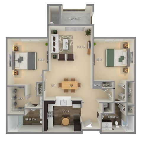 Floor plan for 2 beds, 2 baths, 1159 sqft