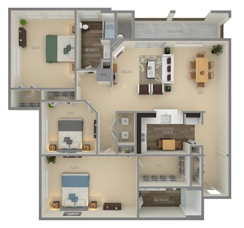 Floor plan for 3 beds, 2 baths, 1541 sqft