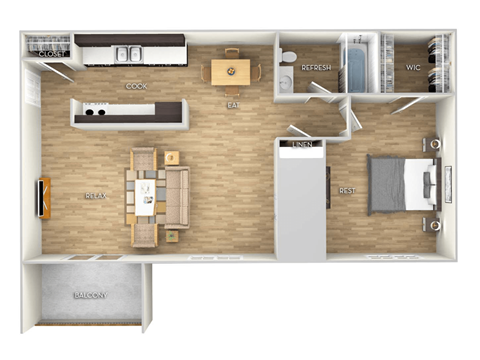Floor plan for 1 bed, 1 bath, 753 sqft