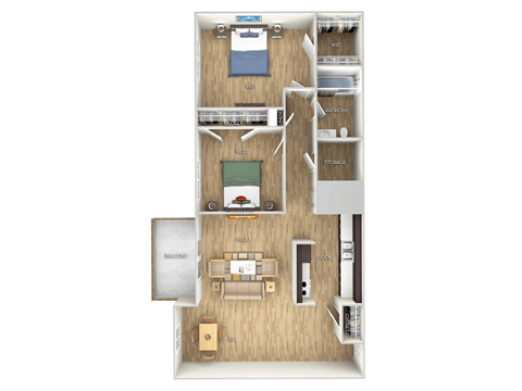 Floor plan for 2 beds, 1 bath, 896 sqft