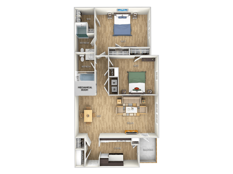 Floor plan for 2 beds, 2 baths, 1000 sqft