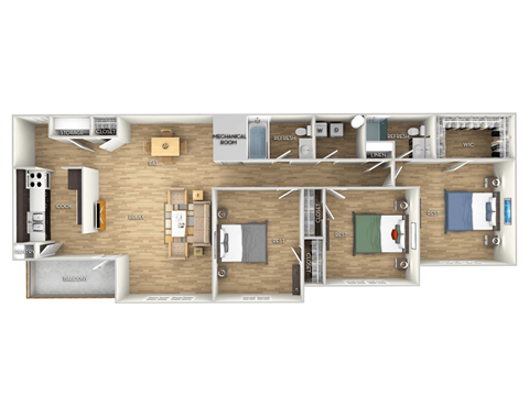 Floor plan for 3 beds, 2 baths, 1297 sqft
