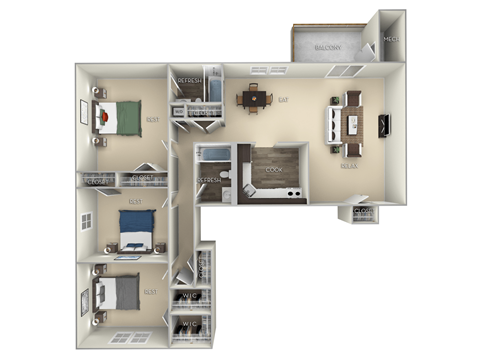 Floor plan for 3 beds, 2 baths, 1157 sqft