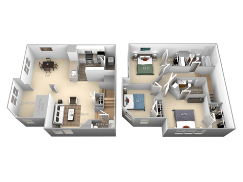 Floor plan for 3 beds, 2.5 baths, 1421 sqft
