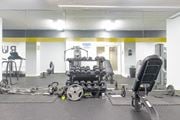 Alexandria apartment for rent - A gym with a variety of equipment including weights and a leg press machine.