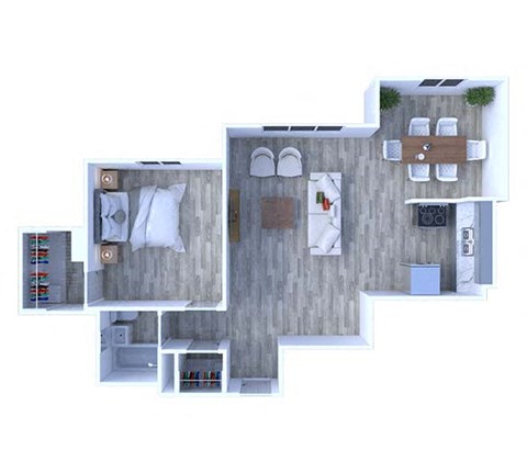 Floor plan for 1 bed, 1 bath, 666 sqft