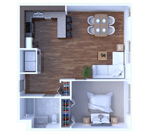 Floor plan for 1 bed, 1 bath, 665 sqft