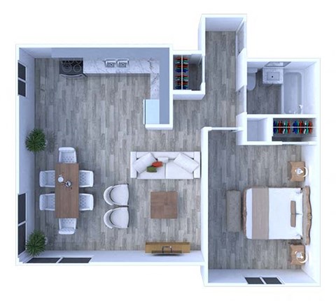 Floor plan for 1 bed, 1 bath, 592 sqft